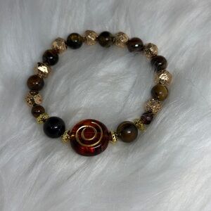 Tiger’s Eye and 18k Gold Plated Lava Rock Bracelet with Gold Painted Bead